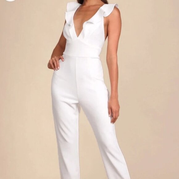 Lulu's White Ruffle Front Deep V Ankle Straight Leg Pants Jumpsuit M - Picture 1 of 4